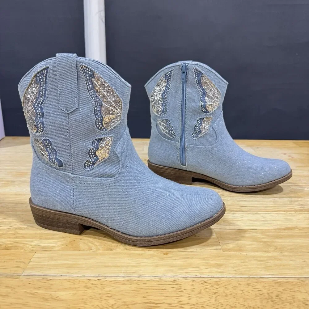 Madden Girl Misses Girls' MTINAA Denim Rhinestone Cowboy Short Boots Size 5 NEW